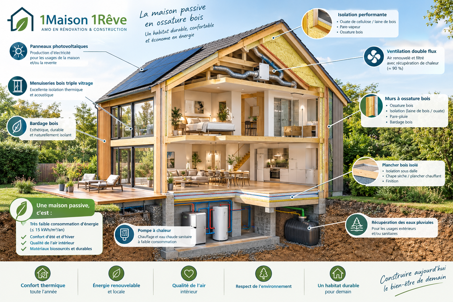 Coupe perspective maison passive