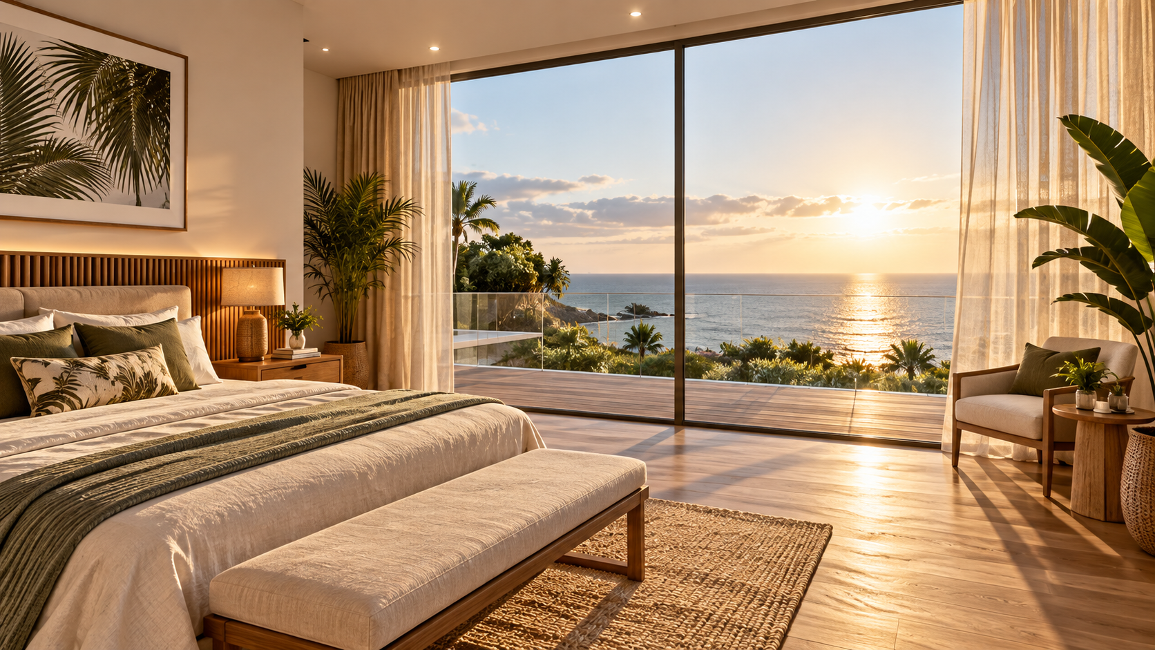 Chambre lumineuse avec ouverture sur un paysage côtier, ambiance d’inspiration