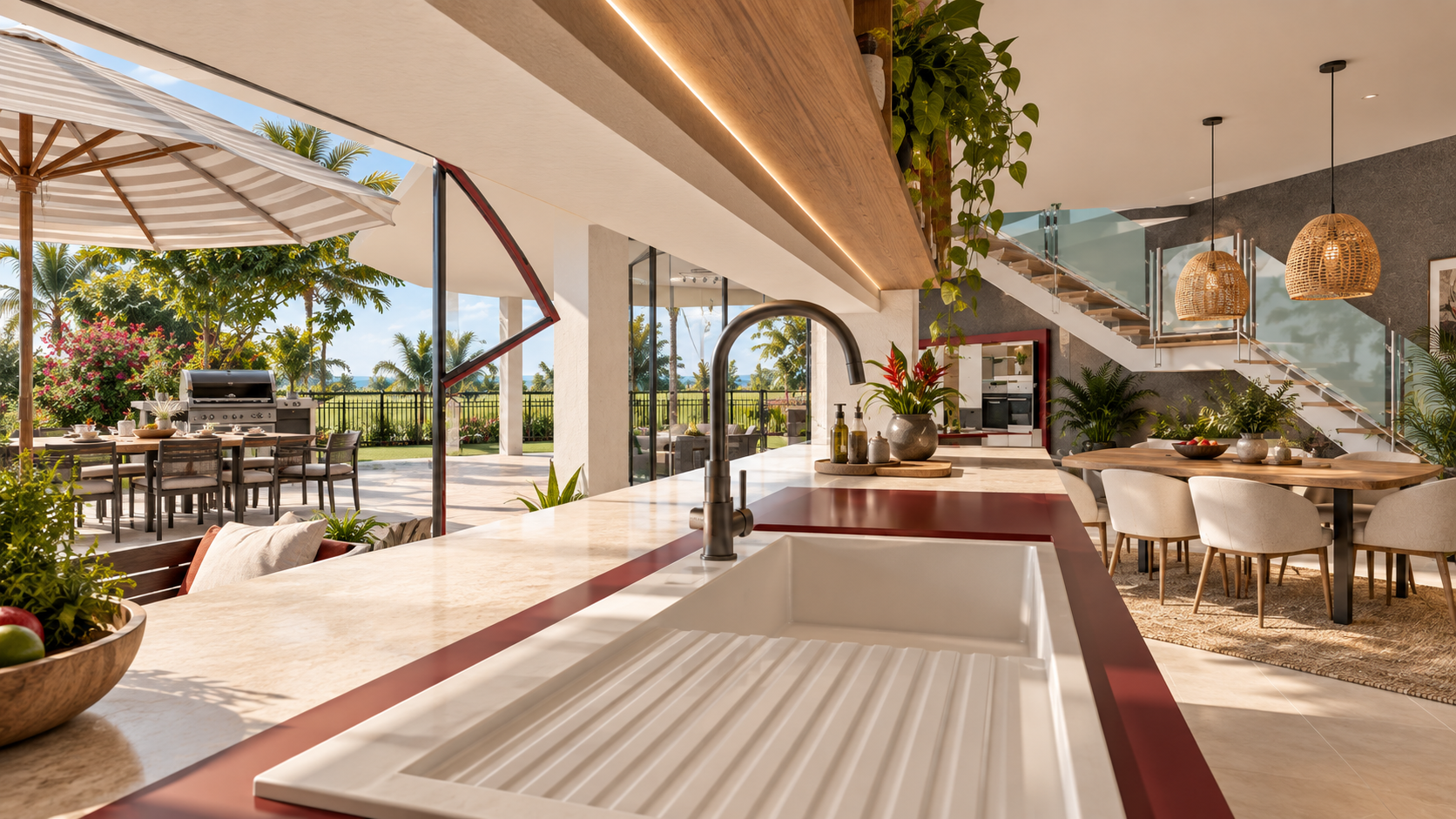 Cuisine ouverte sur la terrasse dans une ambiance tropicale contemporaine