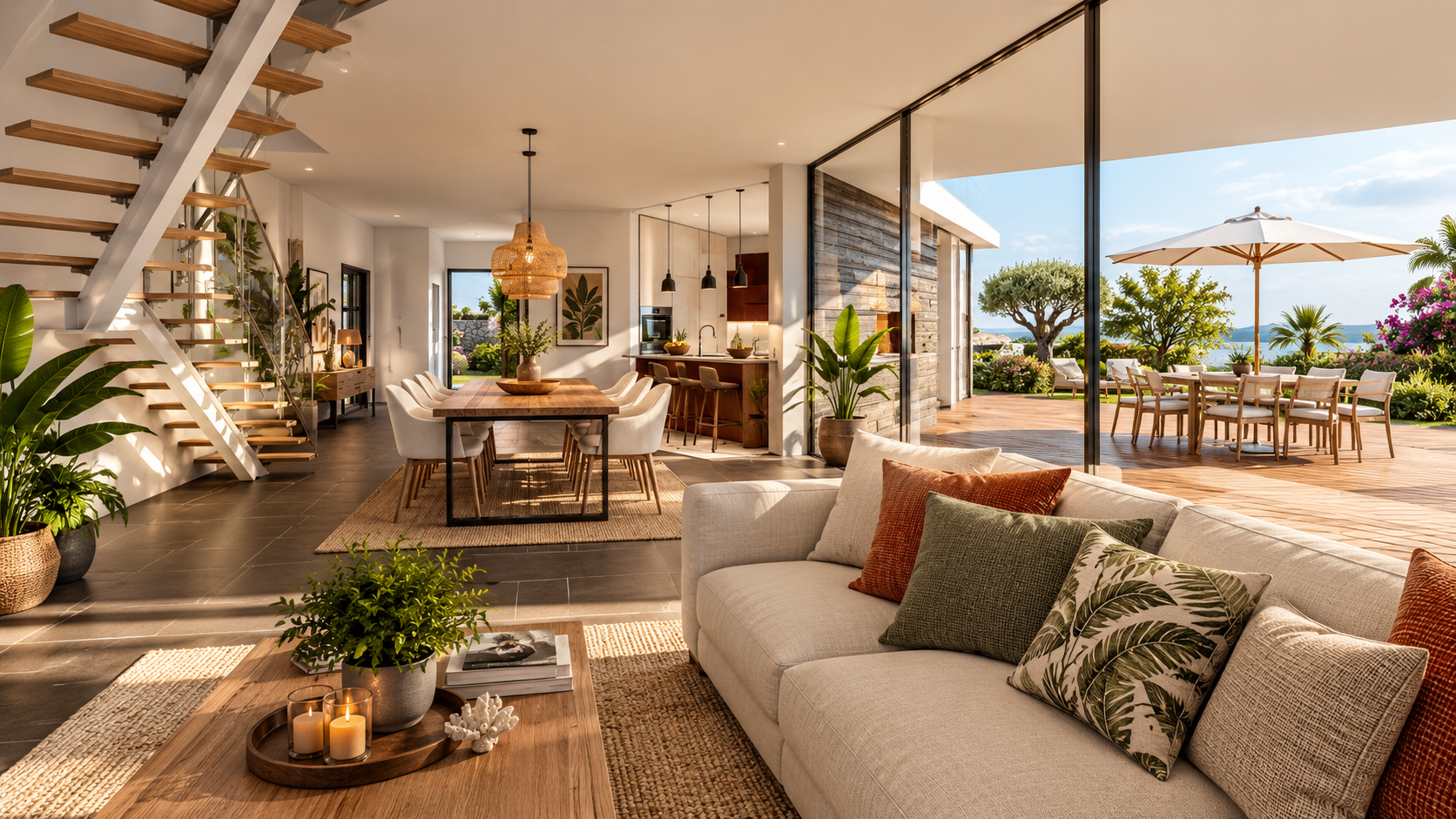 Intérieur contemporain aux matières naturelles et ouvert sur la terrasse