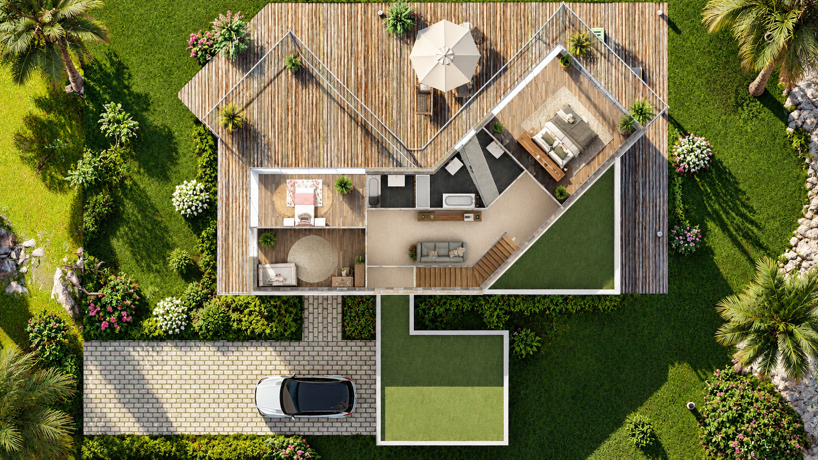 Vue aérienne d’inspiration montrant la maison et ses espaces extérieurs végétalisés