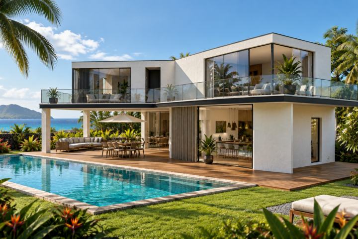 Villa contemporaine avec terrasse, piscine et jardin tropical – visuel d’inspiration