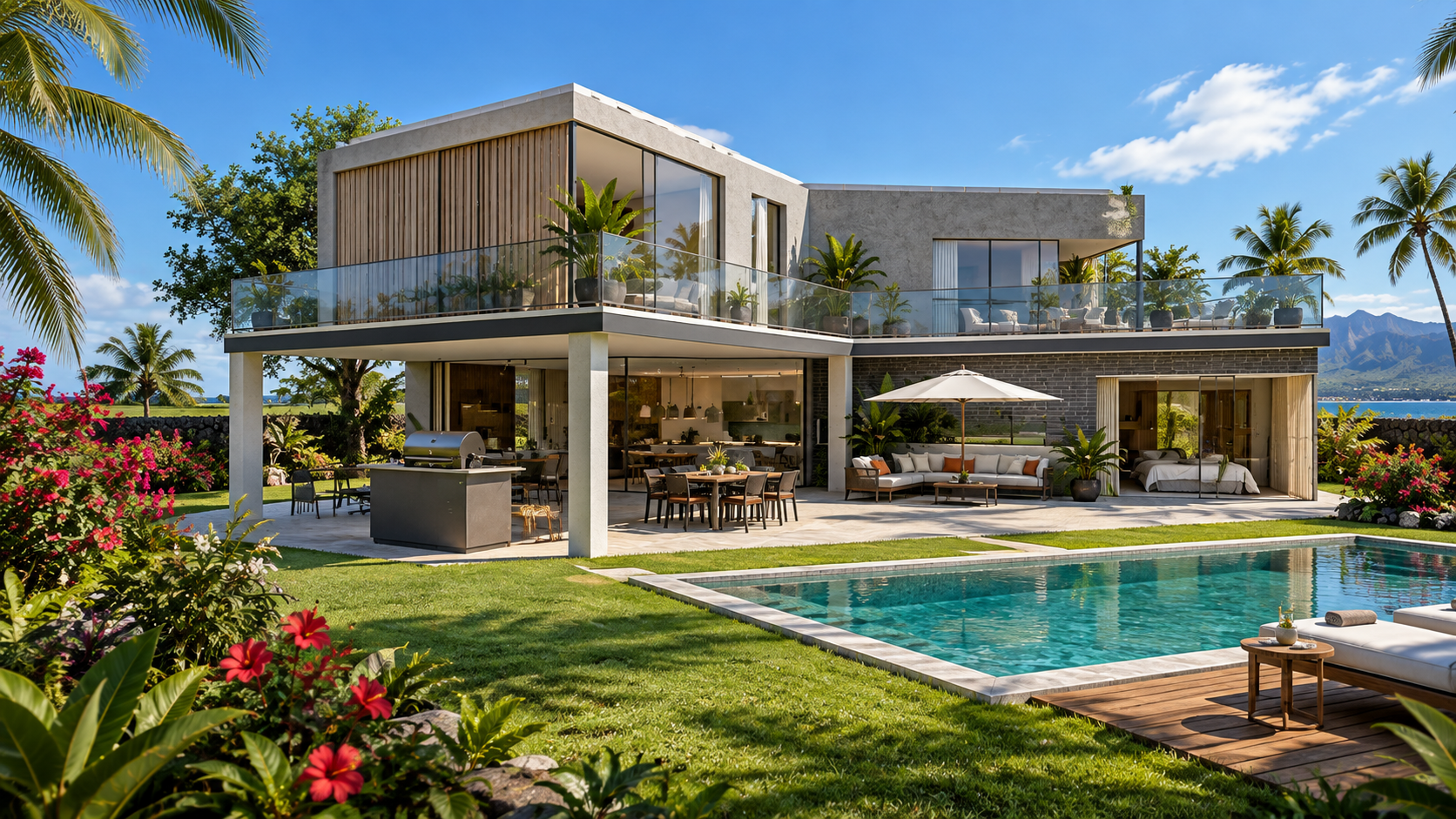 Villa tropicale contemporaine avec terrasse et piscine, visuel d’inspiration