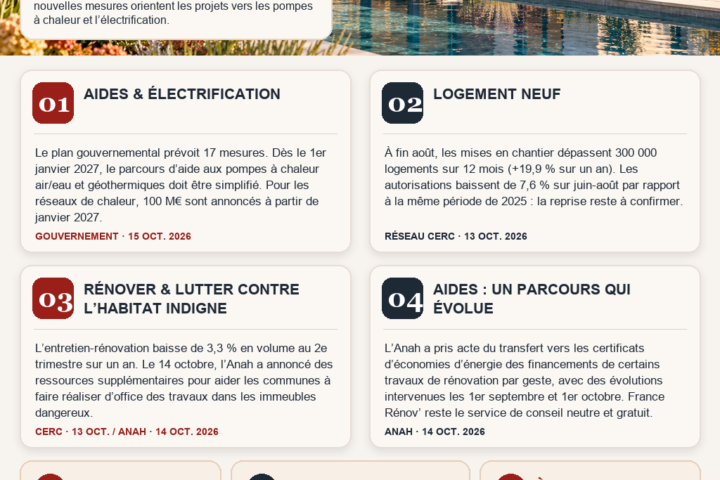 Infographie 1Maison 1Rêve Hebdo du 26 octobre 2026 : aides et électrification, logement neuf, rénovation et aides à la rénovation.