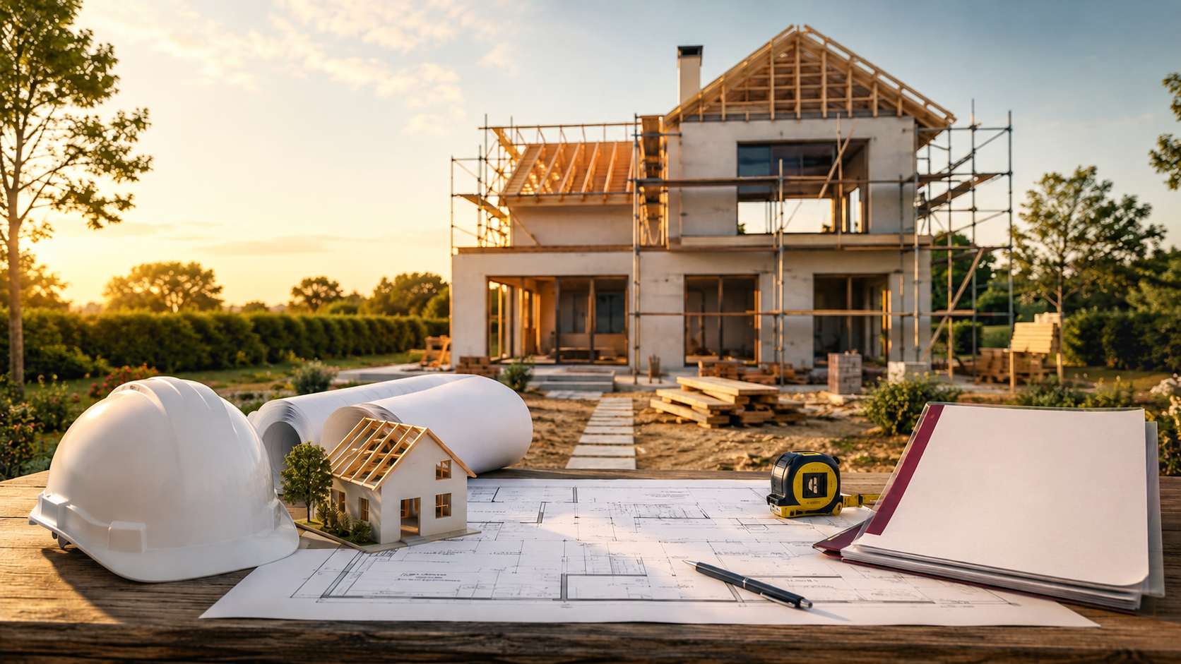 Maison en construction, plans et casque de chantier