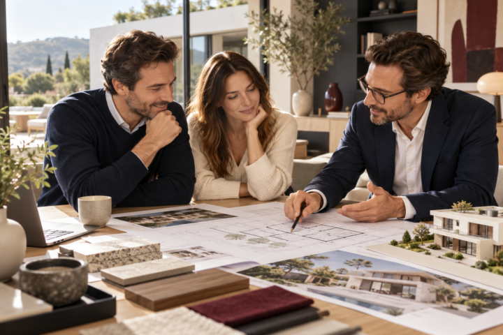 Échange autour des plans d’un projet de maison