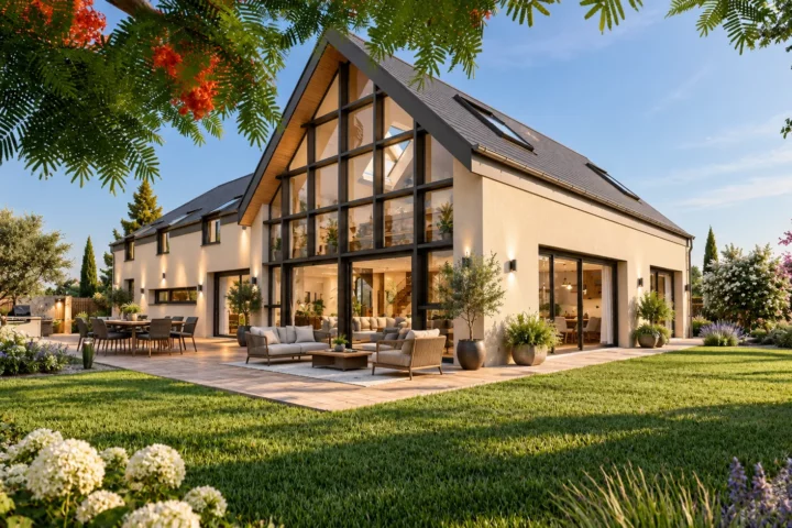 Maison contemporaine à grand pignon vitré, terrasse et jardin au coucher du soleil