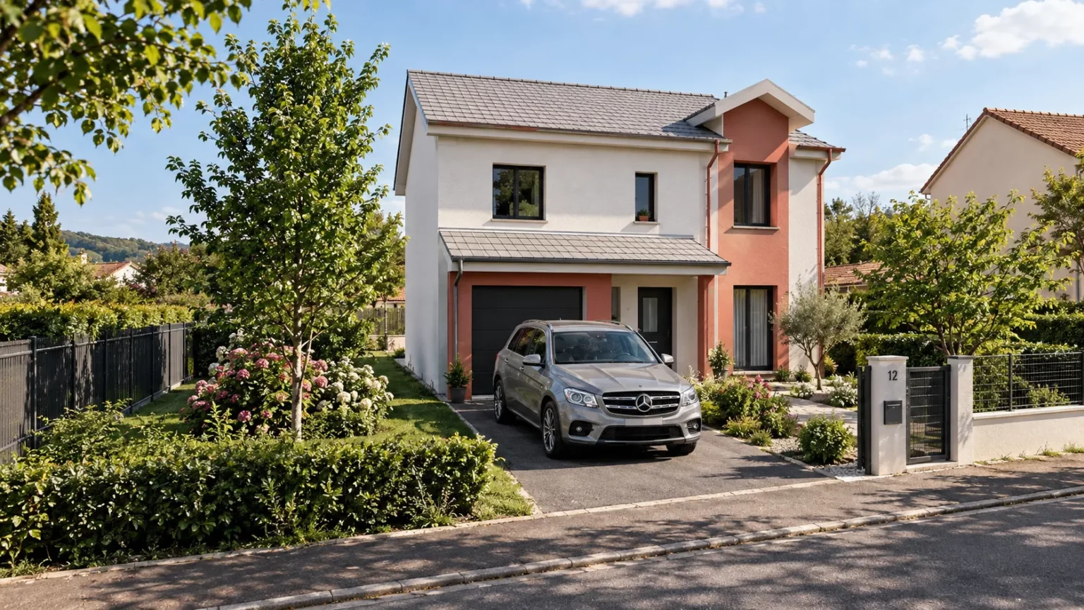 Façade avant du modèle MILES : maison à étage, enduit blanc et terracotta, garage