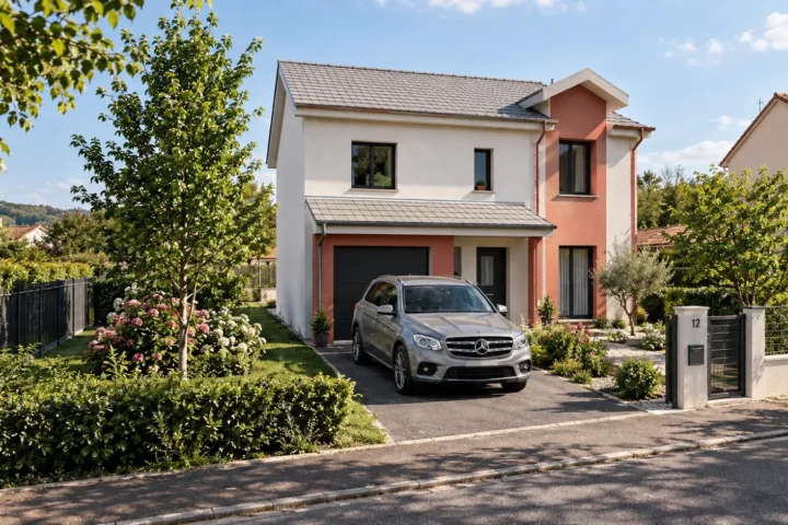Façade avant du modèle MILES : maison à étage, enduit blanc et terracotta, garage