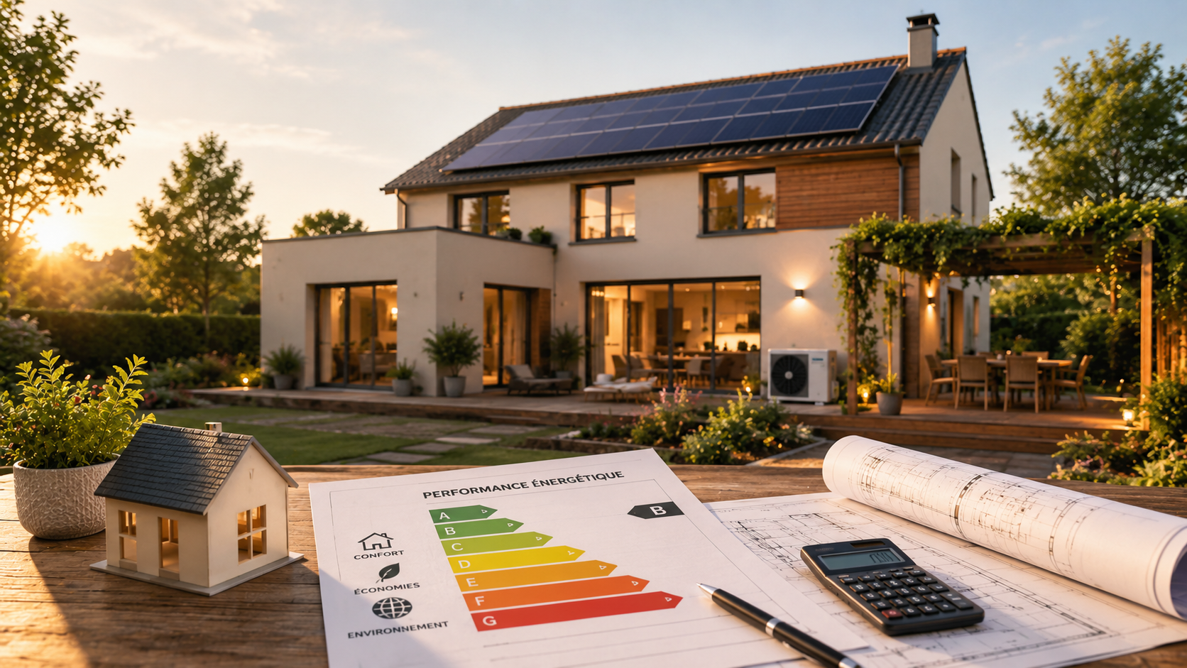 Maison équipée de panneaux solaires et repères de performance énergétique