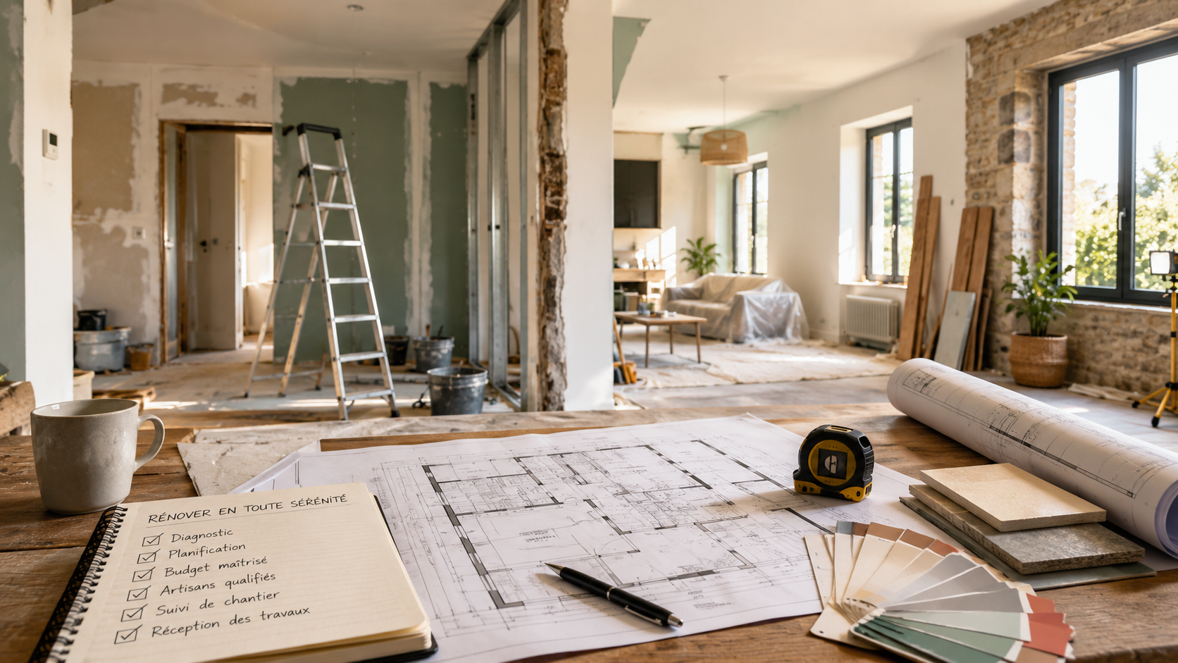 Intérieur en rénovation avec plans et matériaux